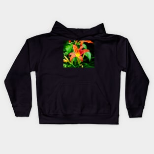 Lily Macro - Red/Orange Flower With Green Foliage Background Kids Hoodie